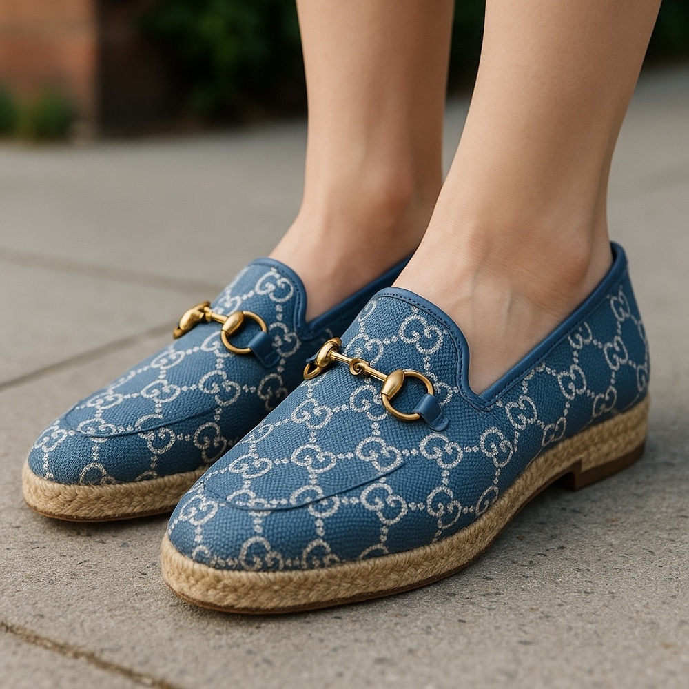 Gucci Blue and Gold Espadrille Flats with Monogram